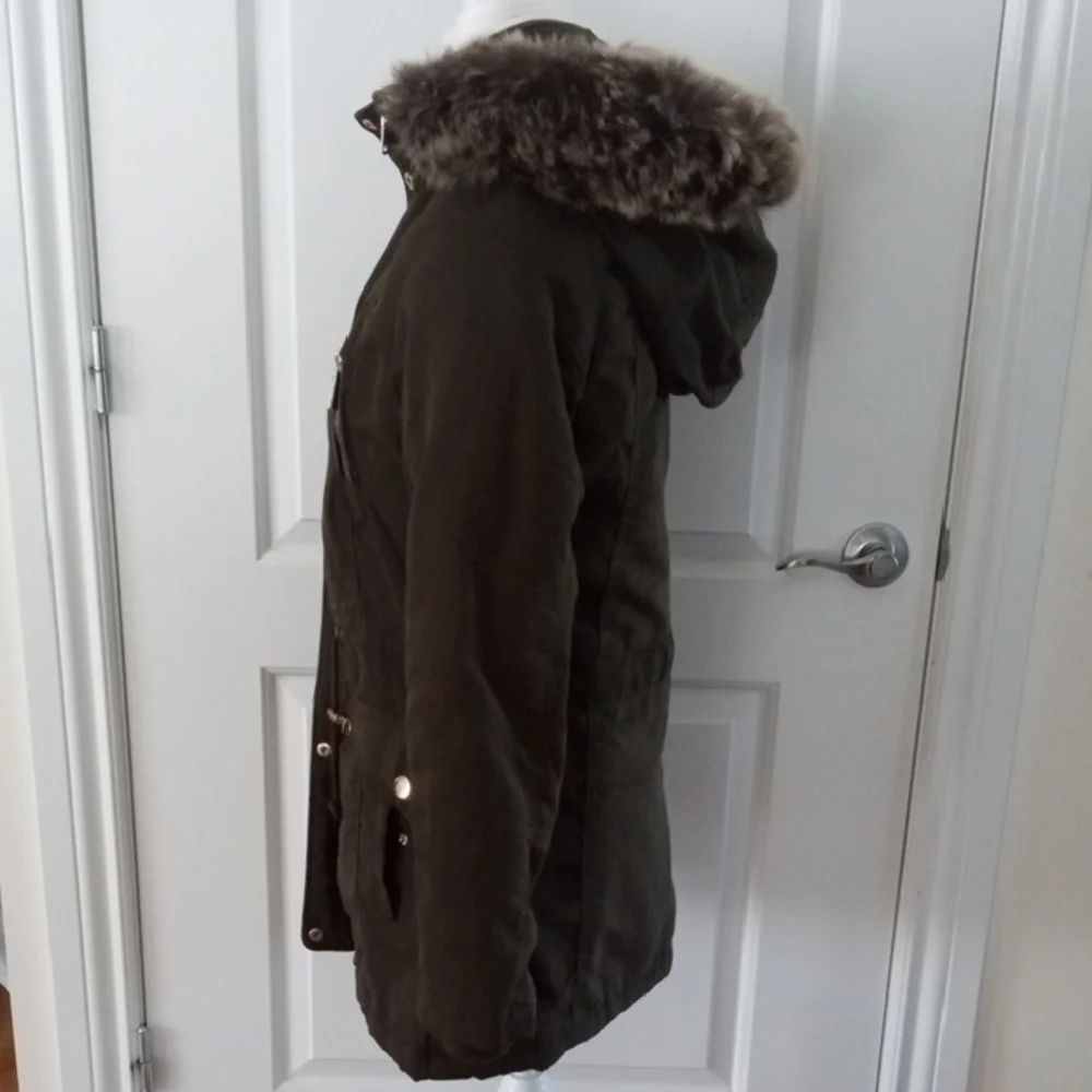 Women's Dark Green Parka Coat with Fur Trim - Picture 4 of 11
